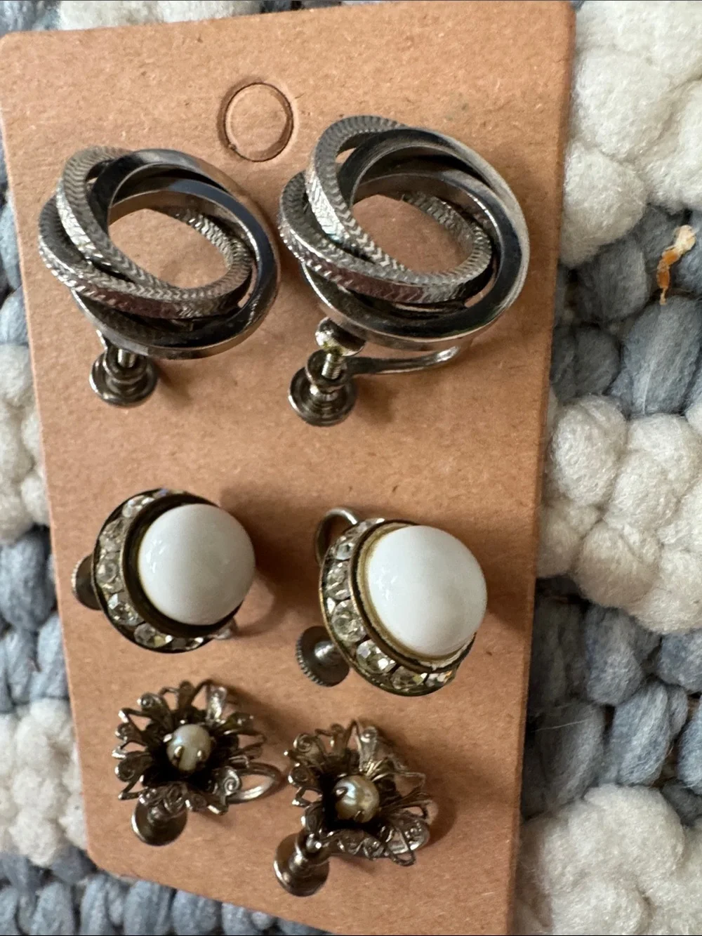 Vintage Screw Back Clip-On Earring Lot | 3 Pairs | Mid Century White Lucite Rhin